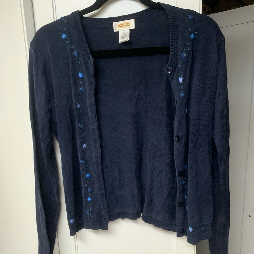 Y2K  Gilmore Girls  8P Talbots Cardigan Blue Button 🆙 Embroidered Flowers 🌸